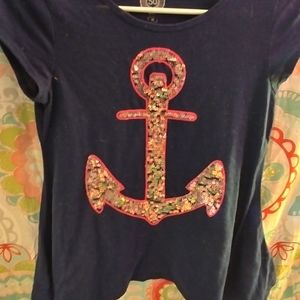 Blue, pink, and gold glittery T-shirt